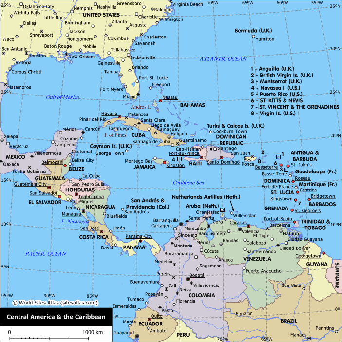 Карта Центральной Америки и Карибского бассейна