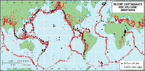 Карта вулканов и зон землетрясений мира